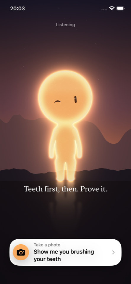 Suncall saying &ldquo;Teeth first, then. Prove it.&rdquo; with a card offering to take a photo.
