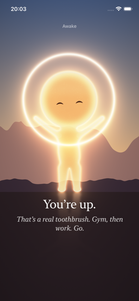 A dawn sky with the sun character holding the risen sun overhead, reading &ldquo;You're up.&rdquo;